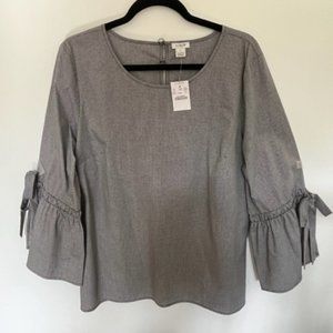 NWT J CREW Tie Bell Sleeve Black White Gingham Top Size XL